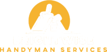 Logo for BrightWise Handyman Services, featuring a white house with a paint roller on its roof, set against a yellow semi-circle background. The company name is written below in bold white and yellow text.
