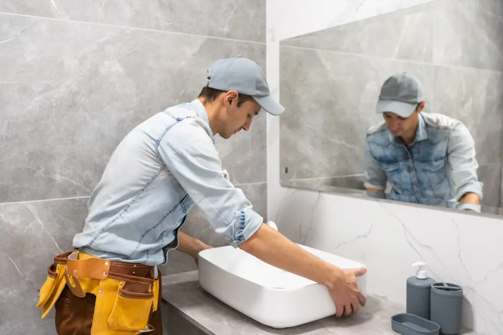 A person wearing a gray cap, denim shirt, and tool belt installs a white rectangular sink in a modern bathroom with gray and white tiled walls. Their reflection is visible in a large mirror above the sink.