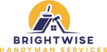 Logo for Brightwise Handyman Services showing a house roof with a paint roller and hammer, a window below, a yellow sun behind, and the company name in bold blue and orange text.
