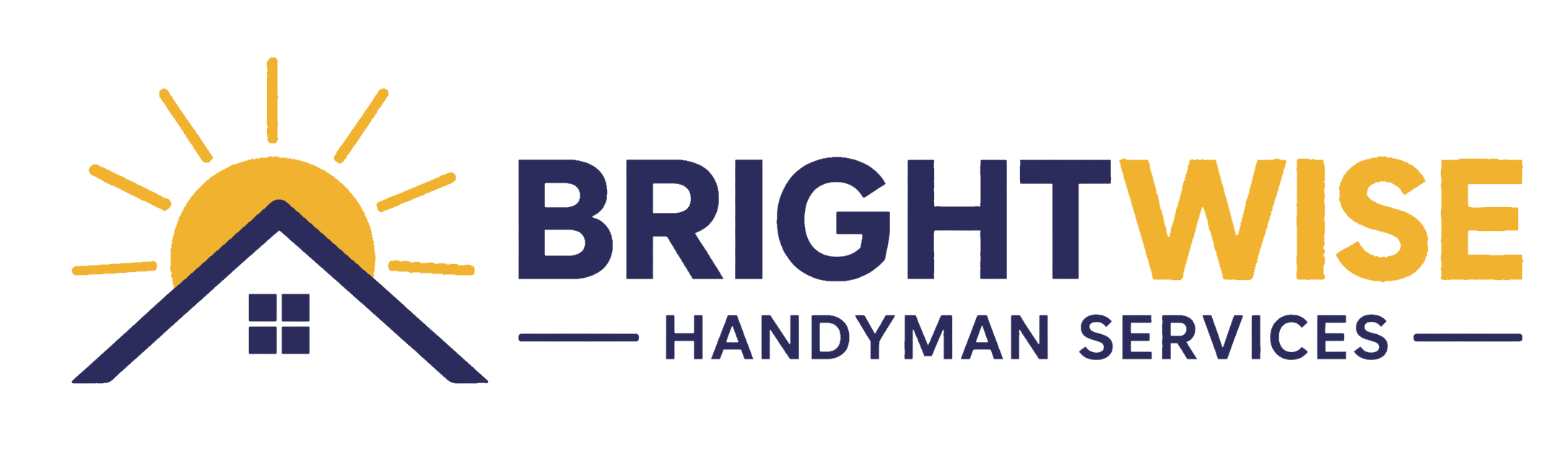 Logo for BrightWise Handyman Services. A stylized house roof with a sun rising behind it, next to the company name in bold blue and yellow text. Handyman Services is written below in smaller blue font.