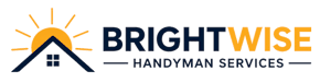 Logo for BrightWise Handyman Services. The design features a house roof with a sun rising behind it on the left, and the company name in bold, with BRIGHT in navy and WISE in gold.