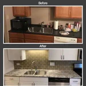 New kitchen cabinets, countertop, and backsplash