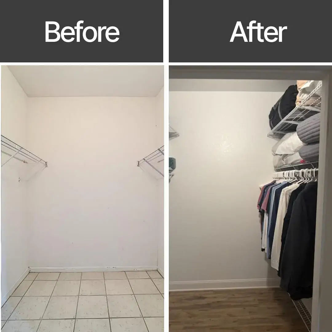 Split image of a closet before and after a BrightWise Handyman makeover; the left shows an empty closet with tiled floor, while the right boasts wooden flooring, added shelves, and neatly arranged clothes and items.