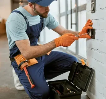 An expert handyman wearing overalls, a cap, and orange gloves repairs a light switch on a white brick wall with a screwdriver. He kneels beside a black toolbox full of tools, showcasing top-notch handyman services near me.