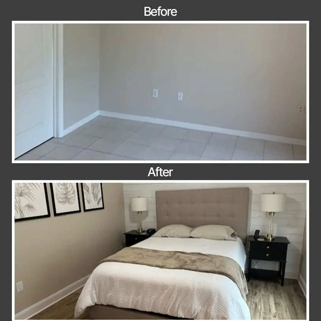 Before: An empty room with beige walls and tiled floor. After: The same space transformed by handyman services near me into a cozy bedroom featuring a bed, headboard, nightstands, lamps, framed art, and wood-look flooring.