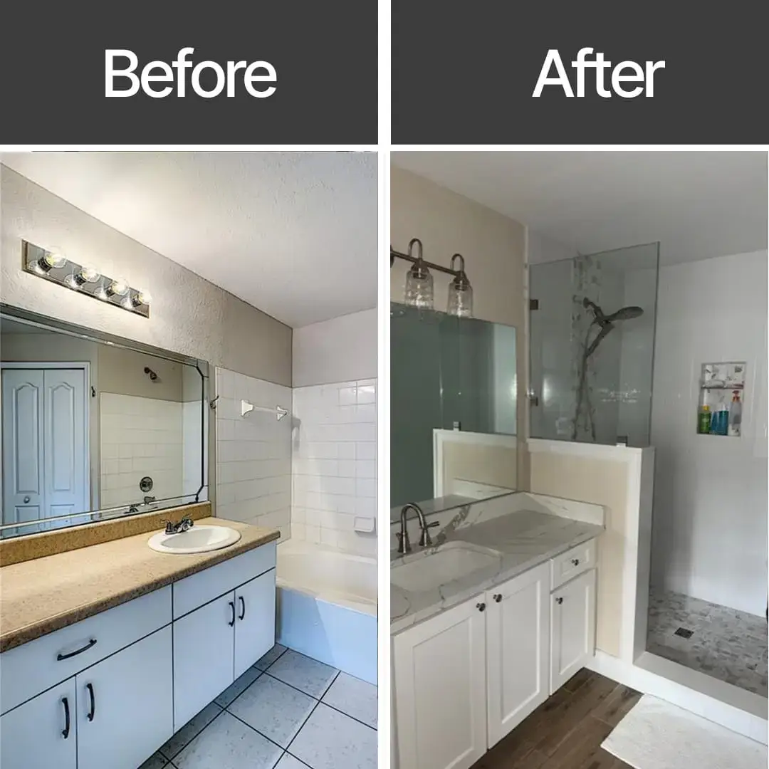 Split image showing a bathroom before and after a bathroom remodel. The “Before” side has an old vanity and bathtub, while the “After” side features modern double sinks, glass shower, and updated fixtures.