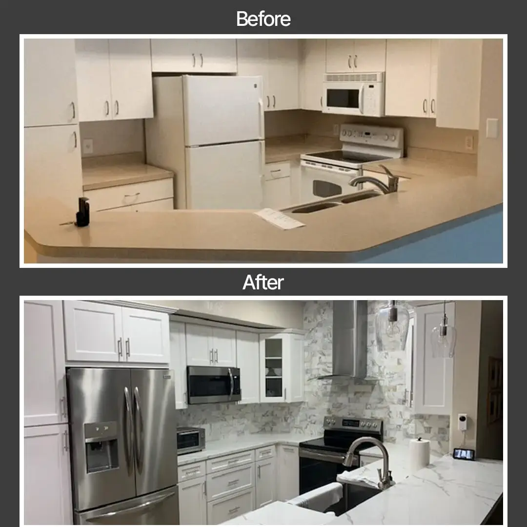 Side-by-side kitchen remodel comparison: the before image shows an outdated, beige kitchen, while the after image features a modern, bright space with stainless steel appliances and a marble backsplash.