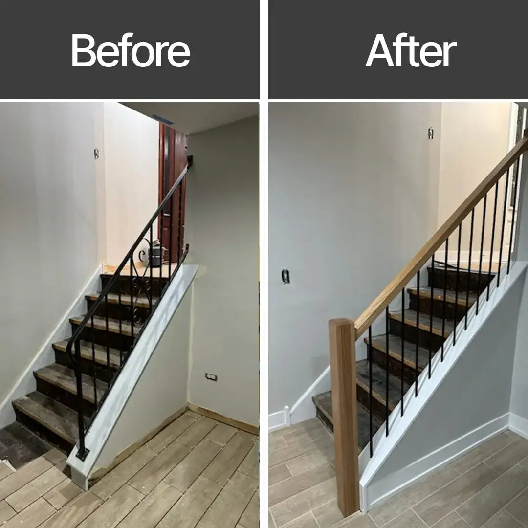 Side-by-side comparison of a staircase before and after an Elmhurst handyman renovation. The before shows old steps and a plain metal railing; the after features updated flooring, fresh paint, and a handrail with a wooden post.