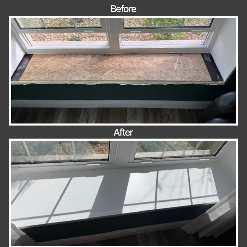 Part of our showcase, these Before and After photos highlight dramatic home transformations—a once unfinished wooden window seat now elegantly painted white, perfect for your inspiration gallery.