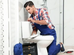 A plumber in blue overalls and a plaid shirt kneels performing a toilet installation. Tools and an open toolbox are on the floor nearby, showcasing professional plumbing services in a bathroom setting.