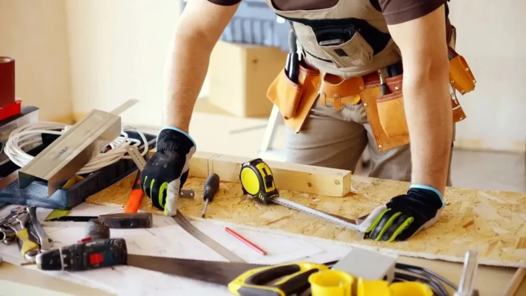A person wearing work gloves and a tool belt leans over a table covered with construction tools and blueprints, appearing to measure or plan a woodworking project.