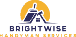Logo for Brightwise Handyman Services showing a house roof with a paint roller and hammer, a window below, a yellow sun behind, and the company name in bold blue and orange text.
